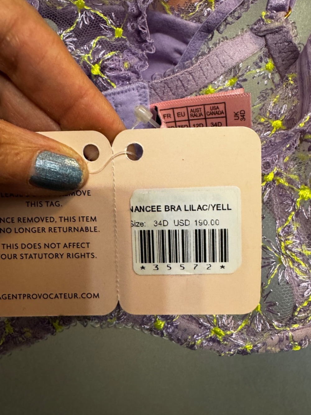 Agent Provocateur 34 D Nancee Purple Lace Underwire Bra with Lime brief 4 - Picture 3 of 6